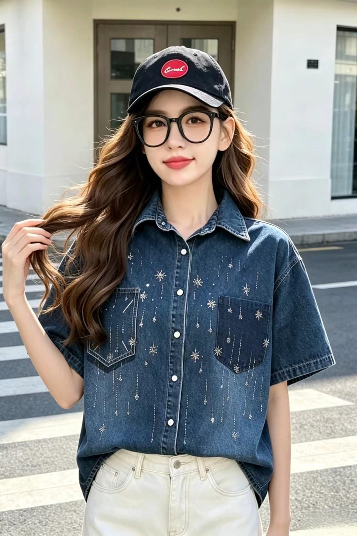 한국 동대문 데님 맨위 반팔 여성 코트 무거운 작업 다이아몬드 세팅 고유 한 패션 트렌드 이미지 7