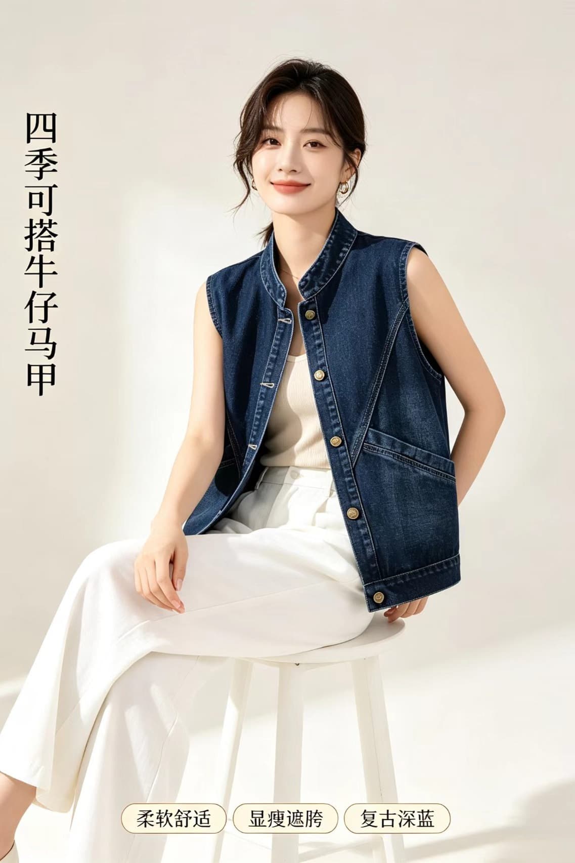레트로 데님 베스트 봄 가을 패션 다용도 루즈핏 민소매 한국 스타일 외출용 조끼 어깨 이미지 6