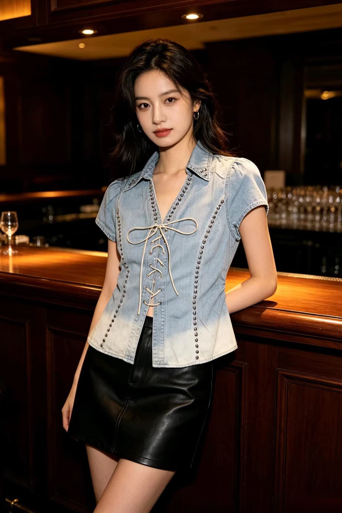 레트로 V넥 부서 반팔 데님 여성 셔츠 2026 여름 꼬집기 허리 슬림해 보이는 셔츠 쇼트 스타일 암소 ~ 중 맨위 반팔 이미지 6