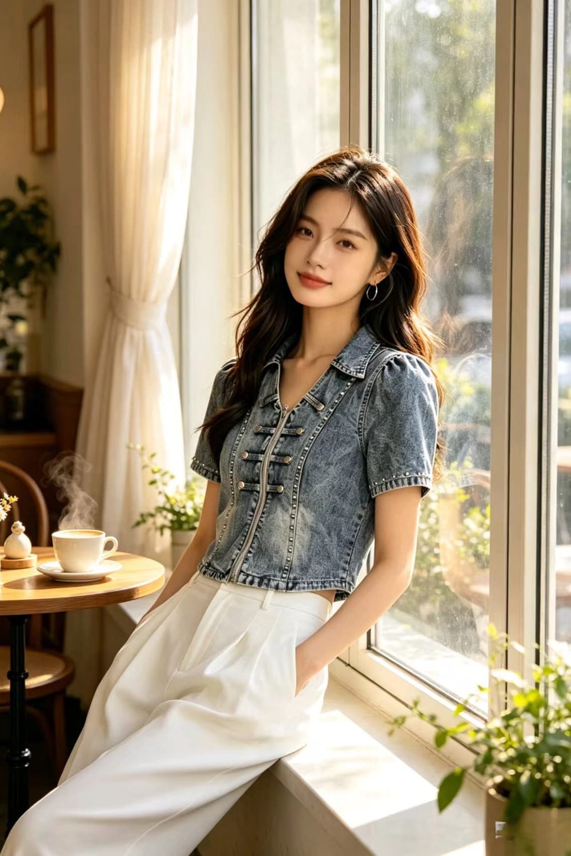 한국 스타일 데님 셔츠 재킷 반팔 무거운 작업 비즈 박기 맨위 여성 이미지 7