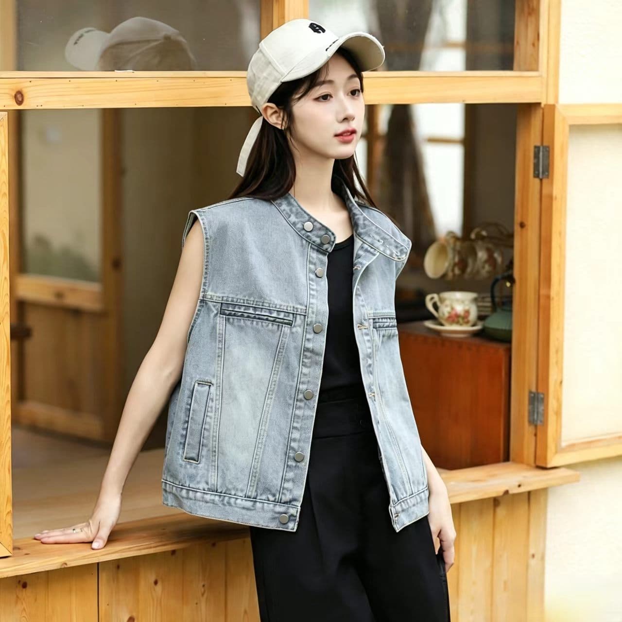 실사 한 부서 트렌디 바람 루즈핏 슬림해 보이는 부드럽다 프로 피부 스택 착용 외부 가져 가라. 데님 맨위 재킷 조끼 여자 이미지 3