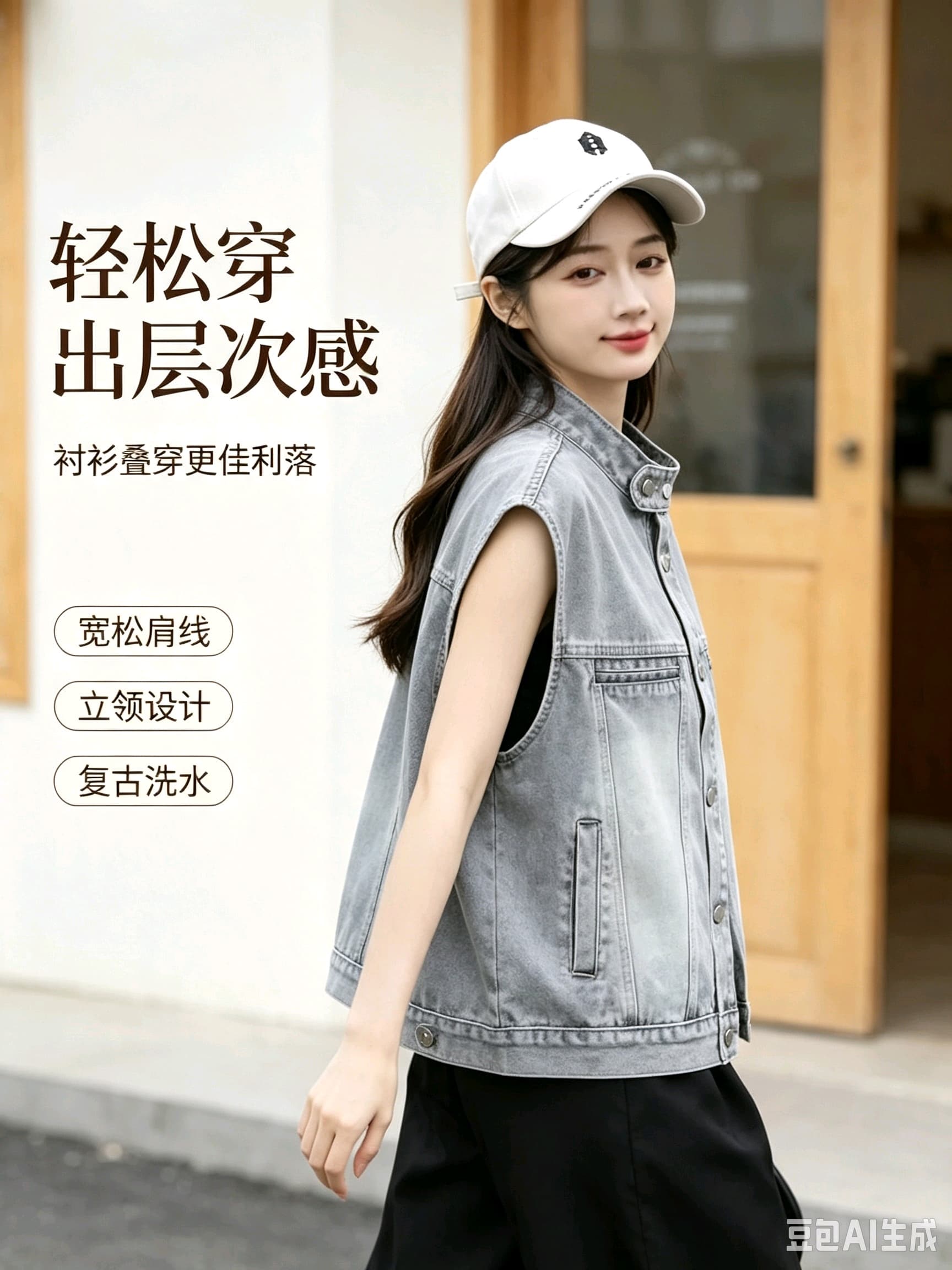 실사 한 부서 트렌디 바람 루즈핏 슬림해 보이는 부드럽다 프로 피부 스택 착용 외부 가져 가라. 데님 맨위 재킷 조끼 여자 상세 이미지 3