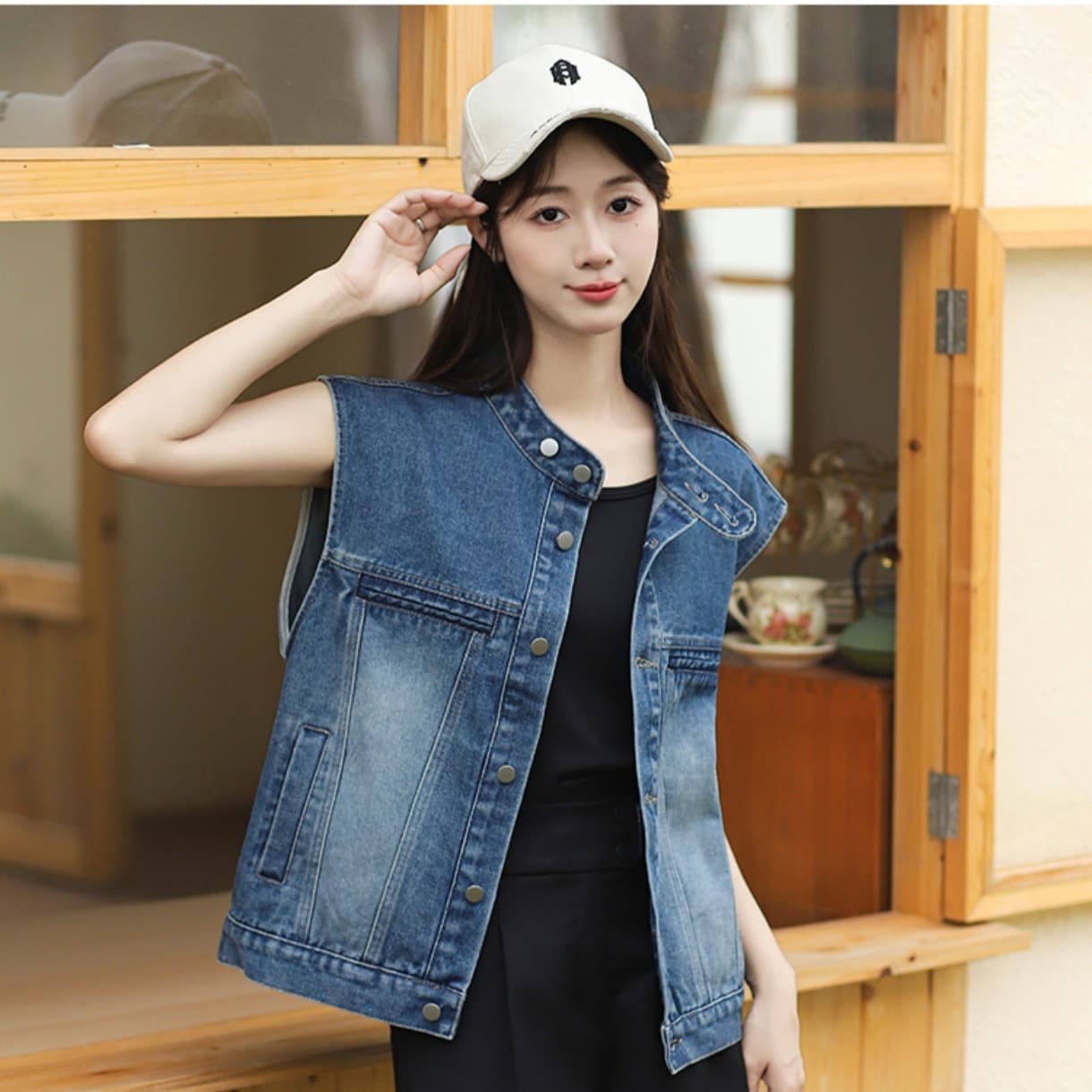 실사 한 부서 트렌디 바람 루즈핏 슬림해 보이는 부드럽다 프로 피부 스택 착용 외부 가져 가라. 데님 맨위 재킷 조끼 여자 상세 이미지 24