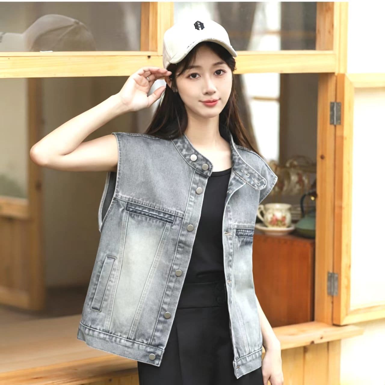 실사 한 부서 트렌디 바람 루즈핏 슬림해 보이는 부드럽다 프로 피부 스택 착용 외부 가져 가라. 데님 맨위 재킷 조끼 여자 상세 이미지 28