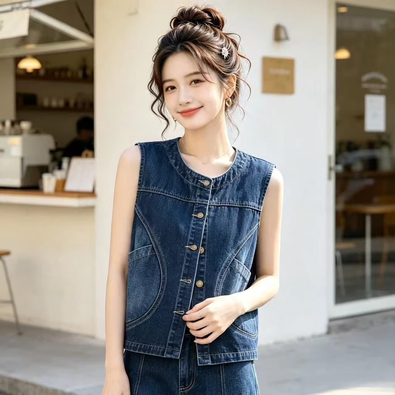 새로운 레트로 데님 베스트 봄 가을 패션 다용도 루즈핏 민소매 한국 스타일 외출용 조끼 어깨 스택 가져 가라. 여성 이미지 4