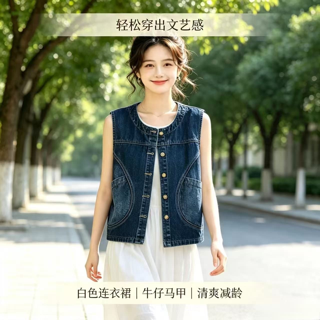 새로운 레트로 데님 베스트 봄 가을 패션 다용도 루즈핏 민소매 한국 스타일 외출용 조끼 어깨 스택 가져 가라. 여성 상세 이미지 4