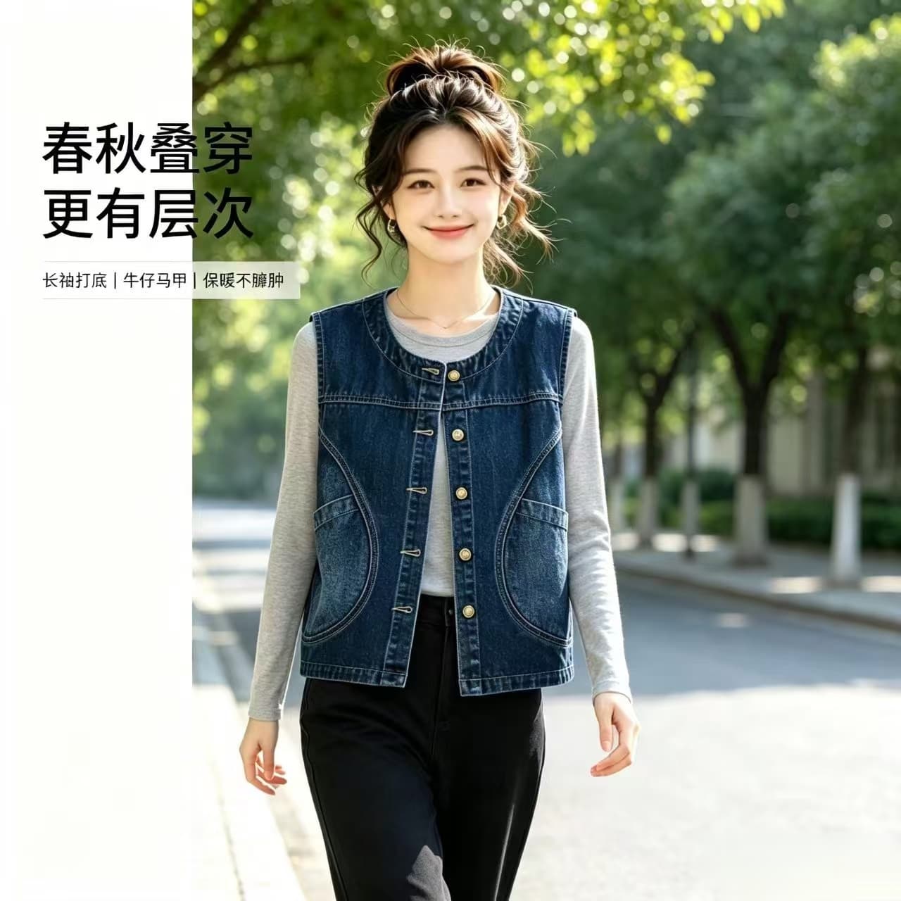 새로운 레트로 데님 베스트 봄 가을 패션 다용도 루즈핏 민소매 한국 스타일 외출용 조끼 어깨 스택 가져 가라. 여성 상세 이미지 5