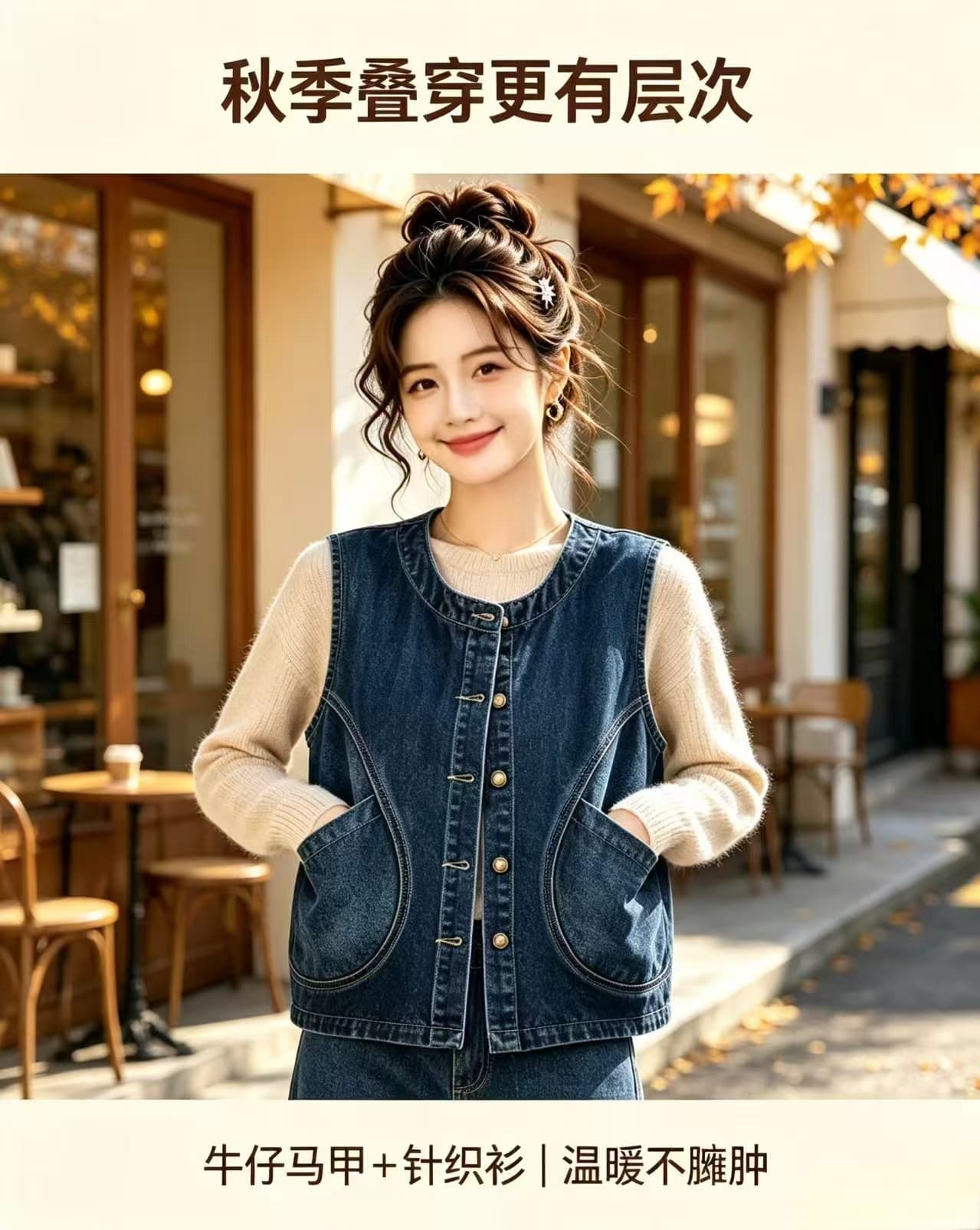 새로운 레트로 데님 베스트 봄 가을 패션 다용도 루즈핏 민소매 한국 스타일 외출용 조끼 어깨 스택 가져 가라. 여성 상세 이미지 14