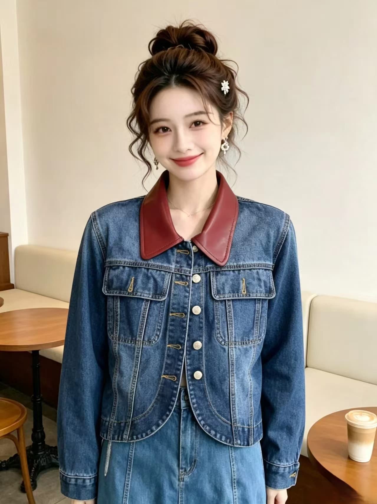 2026 새로운 프랑스식 가죽 고리 패치워크 레트로 연령 감소 데님 맨위 재킷 재킷 패션 트렌디