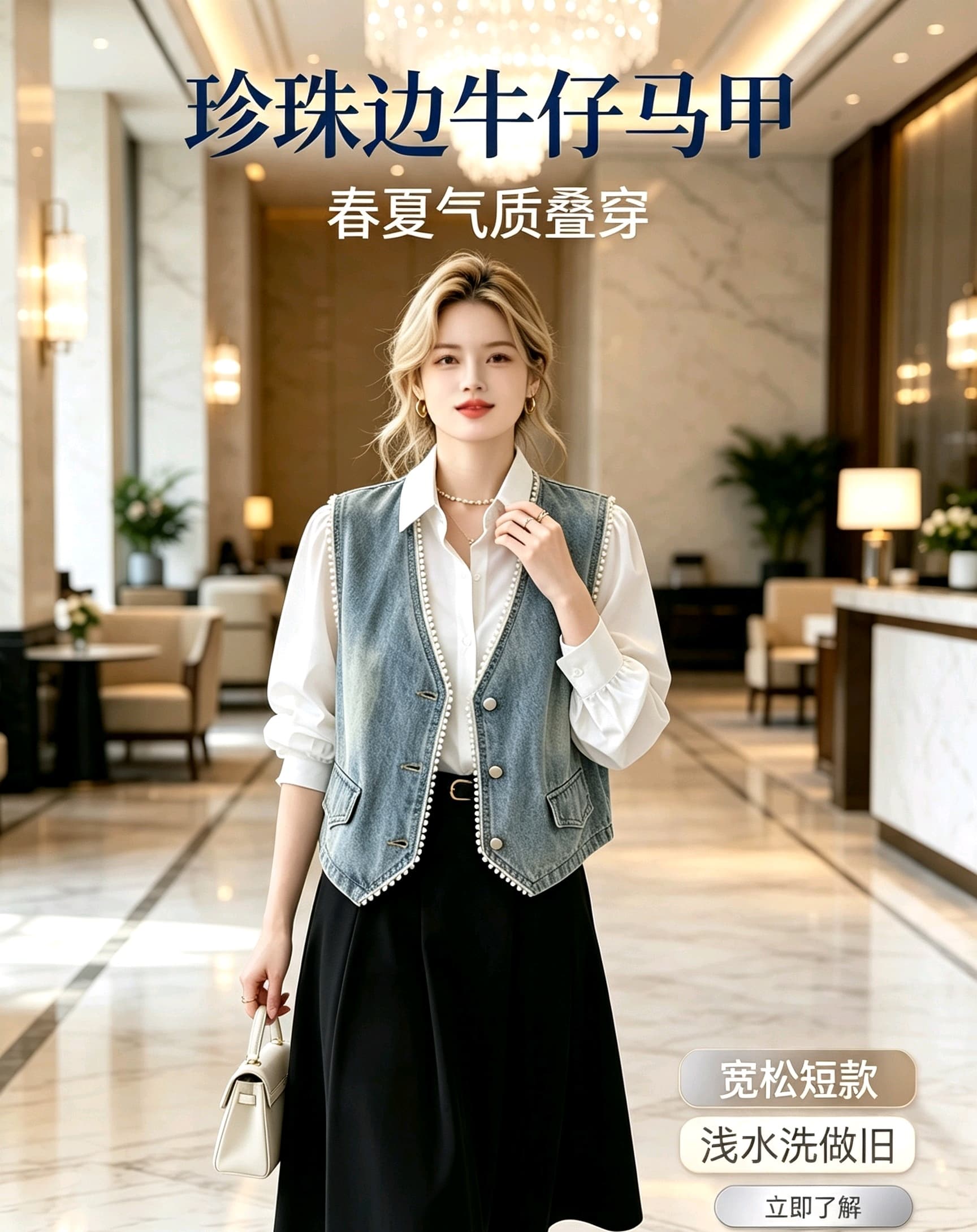 유봉 가을 신제품 진주 측면 V넥 패션 다용도 외부 가져 가라. 데님 조끼 베스트 상세 이미지 9