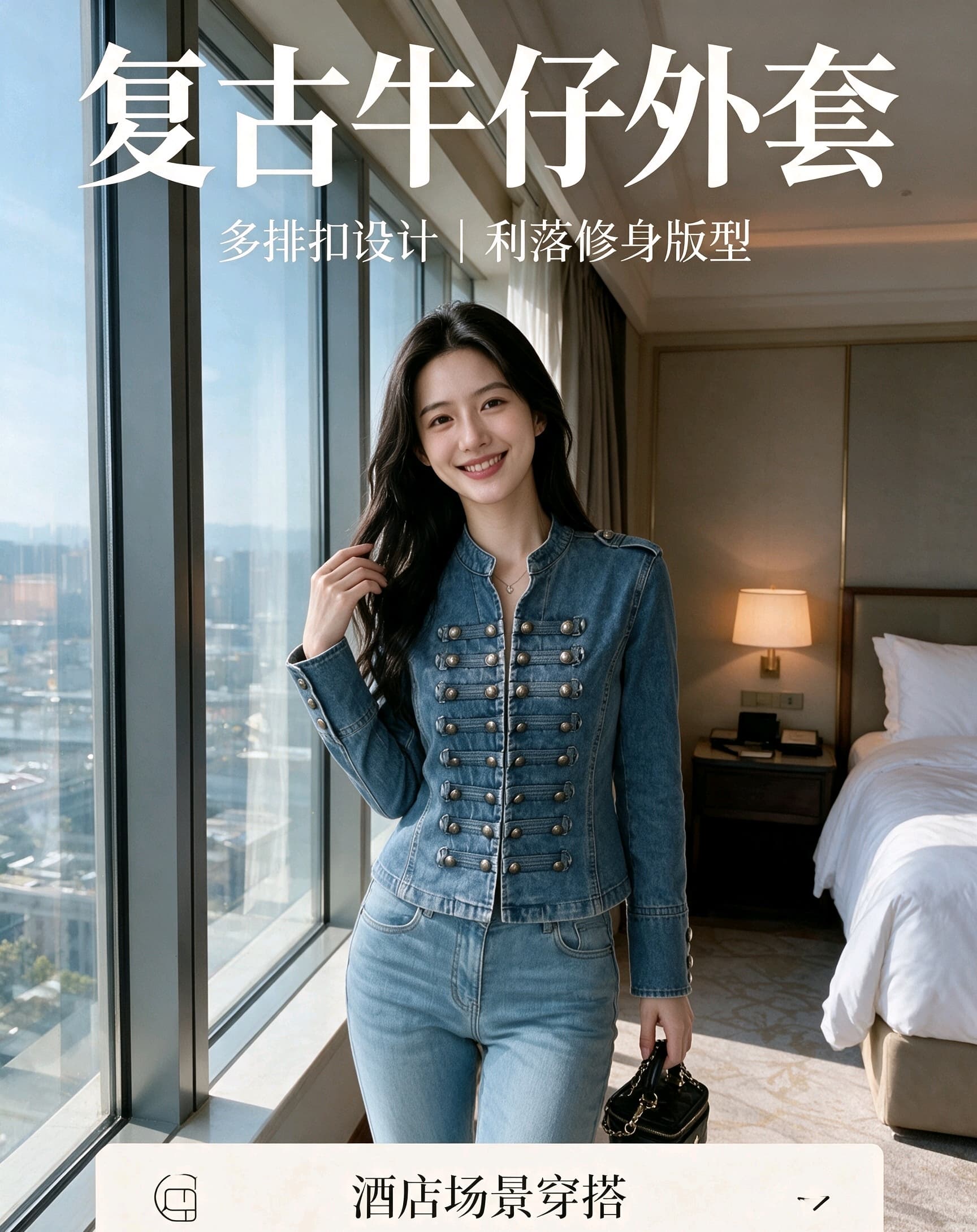 실사 2026 가을 새로운 프랑스식 고전 금속 갈비 살 버클 디자인 어깨끈 워시 물 데님 맨위 짧은 외투 상세 이미지 2