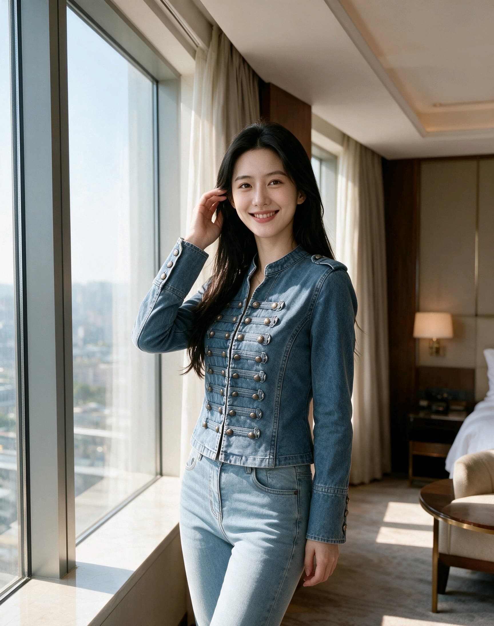 실사 2026 가을 새로운 프랑스식 고전 금속 갈비 살 버클 디자인 어깨끈 워시 물 데님 맨위 짧은 외투 상세 이미지 16