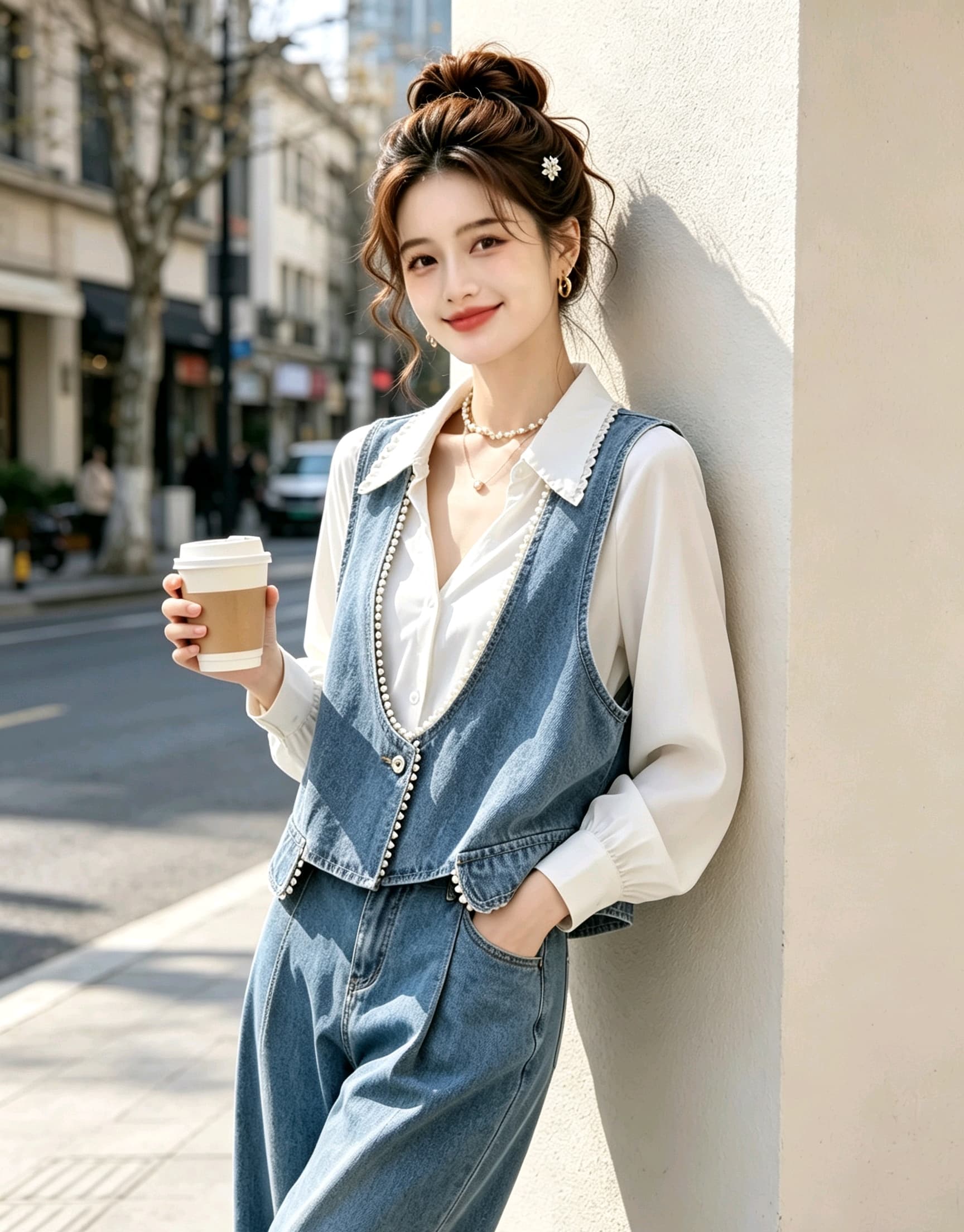 殴打 물품 센 부서 신제품 진주 측면 V넥 패션 외국 가스 쇼트 스타일 데님 조끼 베스트 이미지 3