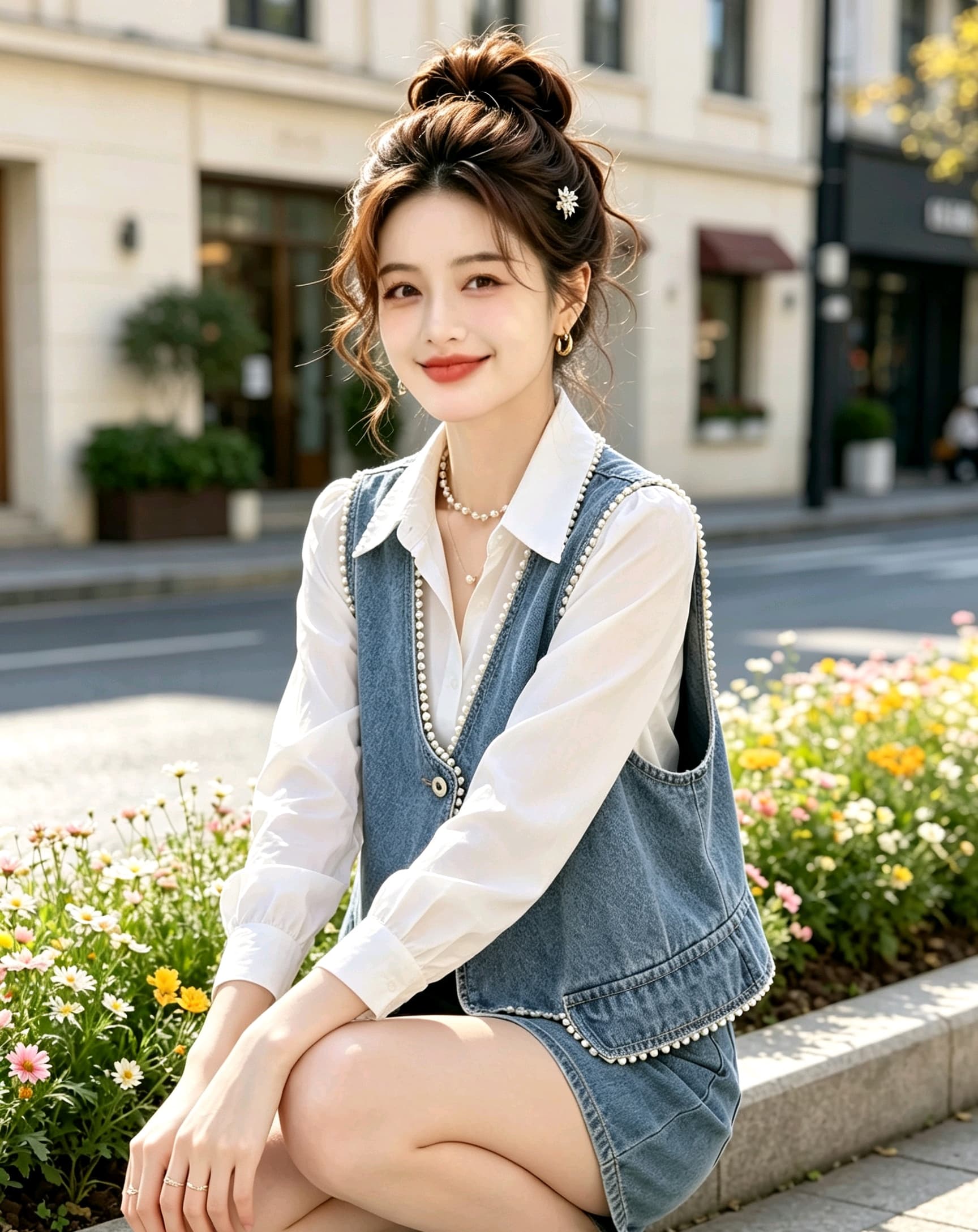 殴打 물품 센 부서 신제품 진주 측면 V넥 패션 외국 가스 쇼트 스타일 데님 조끼 베스트 상세 이미지 8
