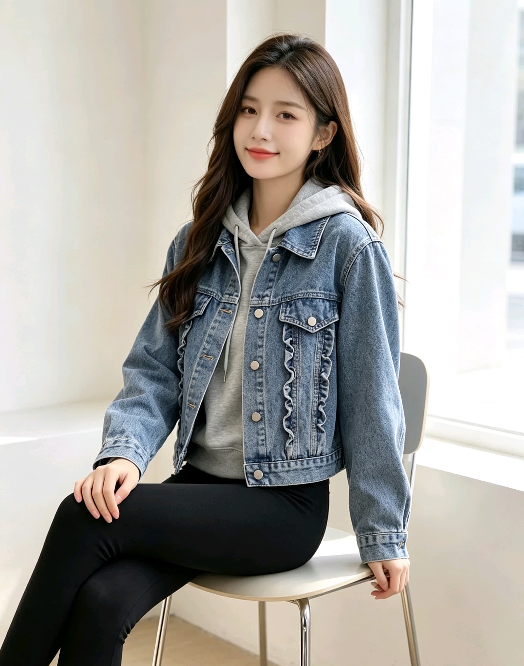 2026 봄 가을 캐주얼 목이버섯 레이스 쇼트 스타일 폴로 칼라 데님 재킷 여성 의류 맨위 루즈핏 핏 스타일 상세 이미지 9
