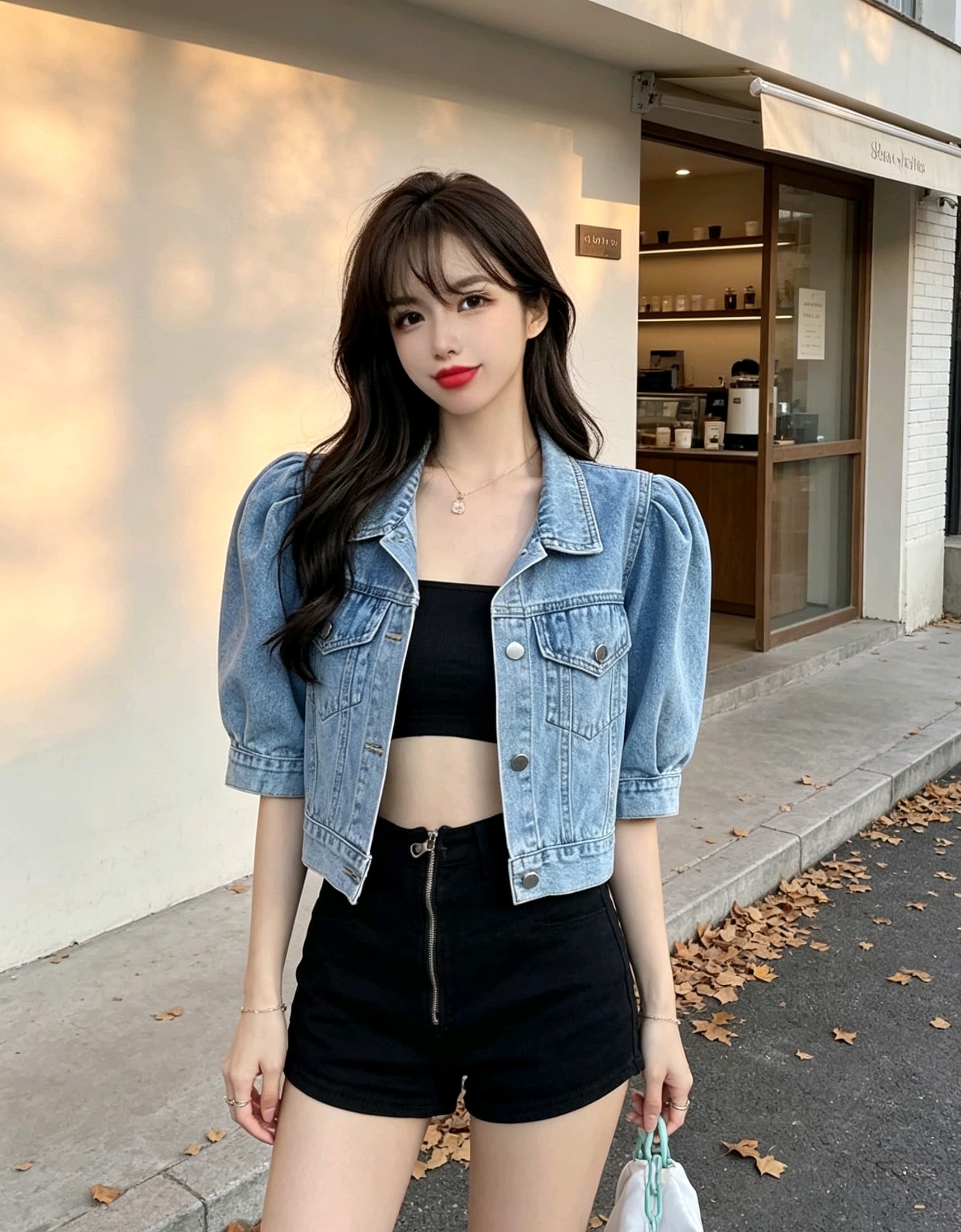 한국 chic 작은 키 품격 부드러운 프로필 모양 루즈핏 데님 반팔 작은 외투