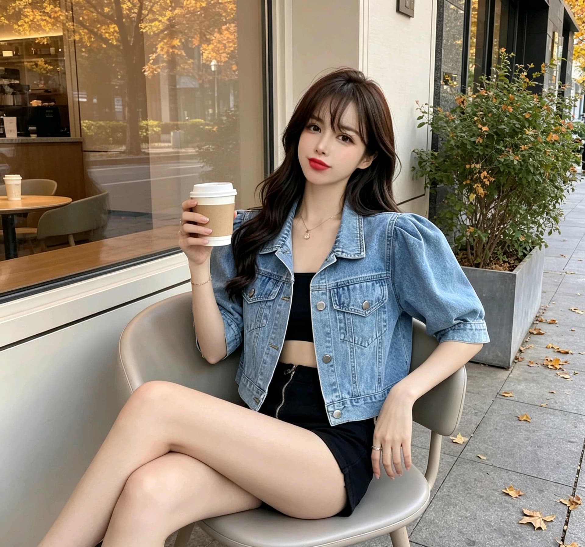 한국 chic 작은 키 품격 부드러운 프로필 모양 루즈핏 데님 반팔 작은 외투 이미지 2