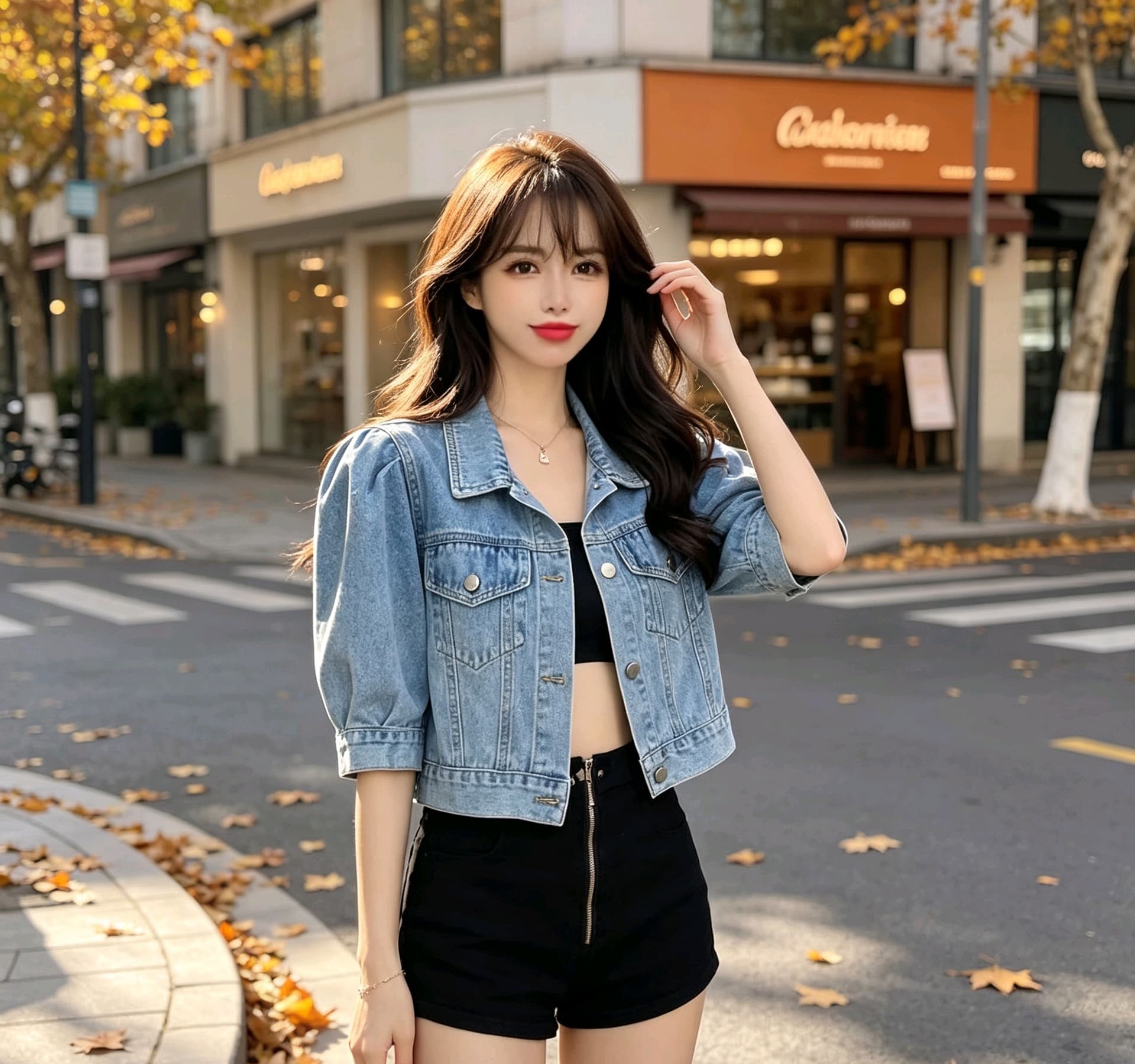 한국 chic 작은 키 품격 부드러운 프로필 모양 루즈핏 데님 반팔 작은 외투 이미지 3