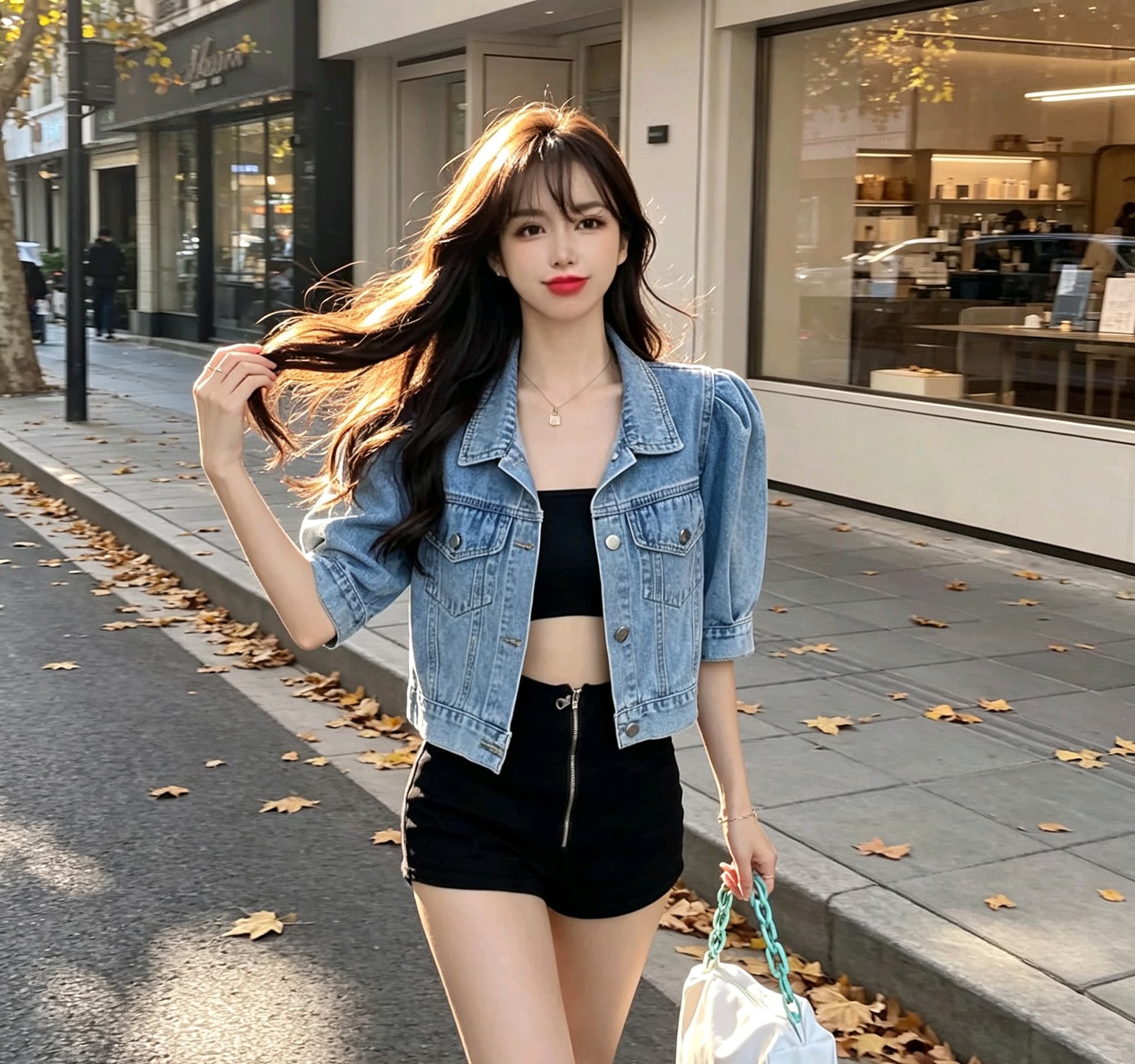 한국 chic 작은 키 품격 부드러운 프로필 모양 루즈핏 데님 반팔 작은 외투 상세 이미지 3