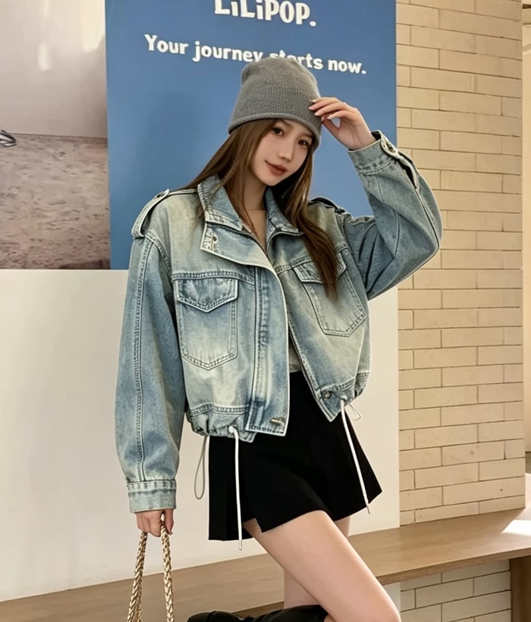아메리칸 레트로 오토바이 바람 데님 여성 코트 가을 겨울 새로운 루즈핏 지퍼 워크웨어 쇼트 스타일 재킷 다용도 트렌드
