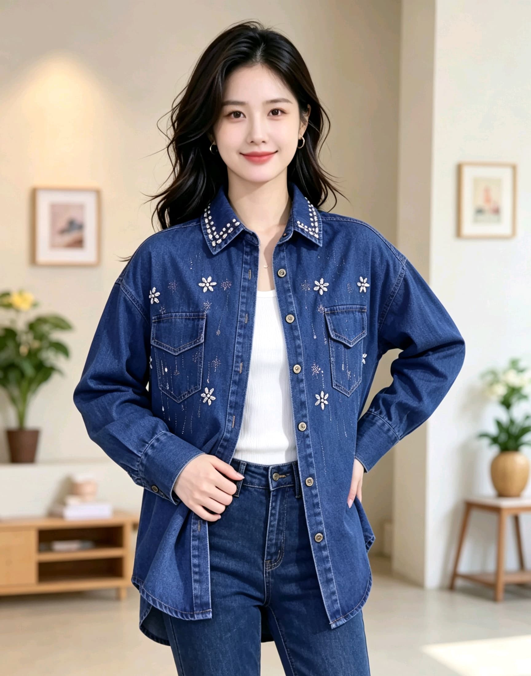 한국 동대문 무거운 작업 다이아몬드 세팅 레트로 데님 셔츠 재킷 부티크 대외 무역