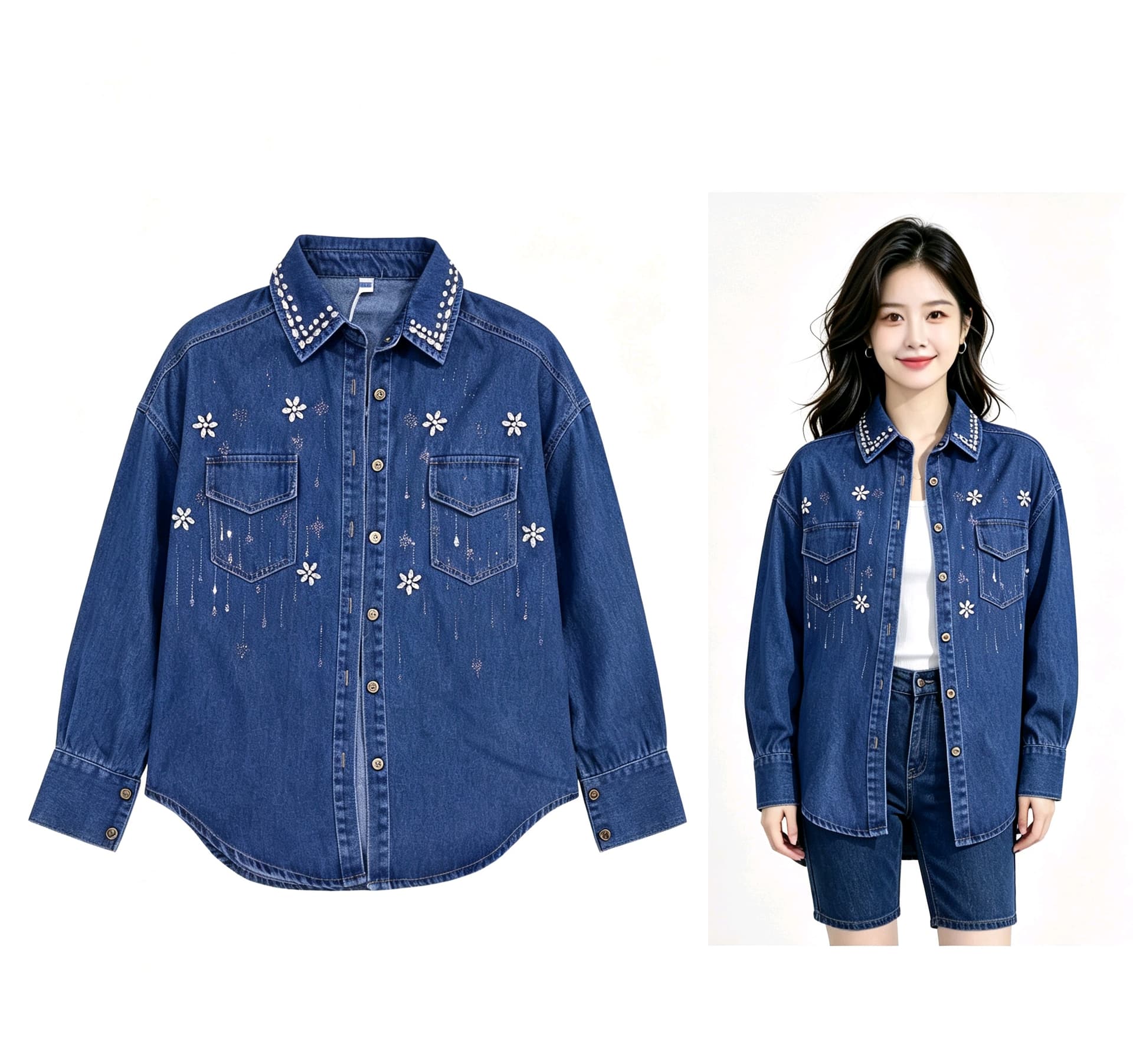 한국 동대문 무거운 작업 다이아몬드 세팅 레트로 데님 셔츠 재킷 부티크 대외 무역 상세 이미지 5