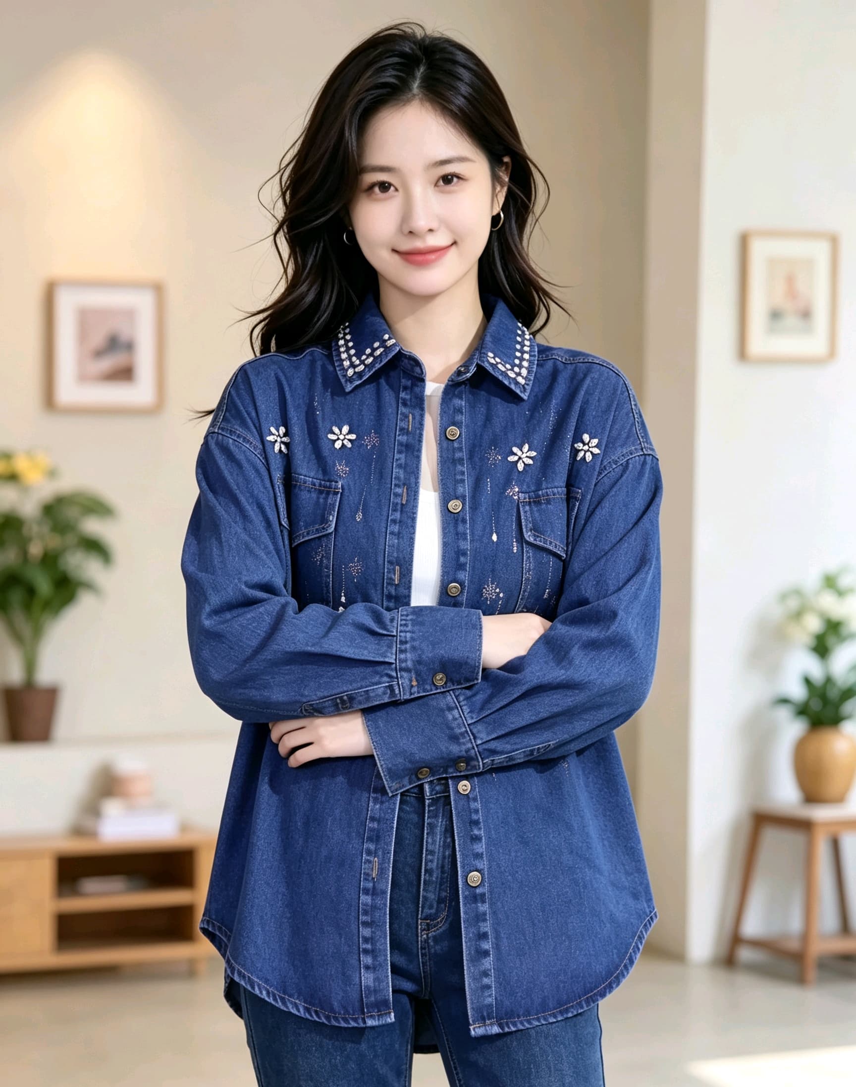 한국 동대문 무거운 작업 다이아몬드 세팅 레트로 데님 셔츠 재킷 부티크 대외 무역 상세 이미지 7