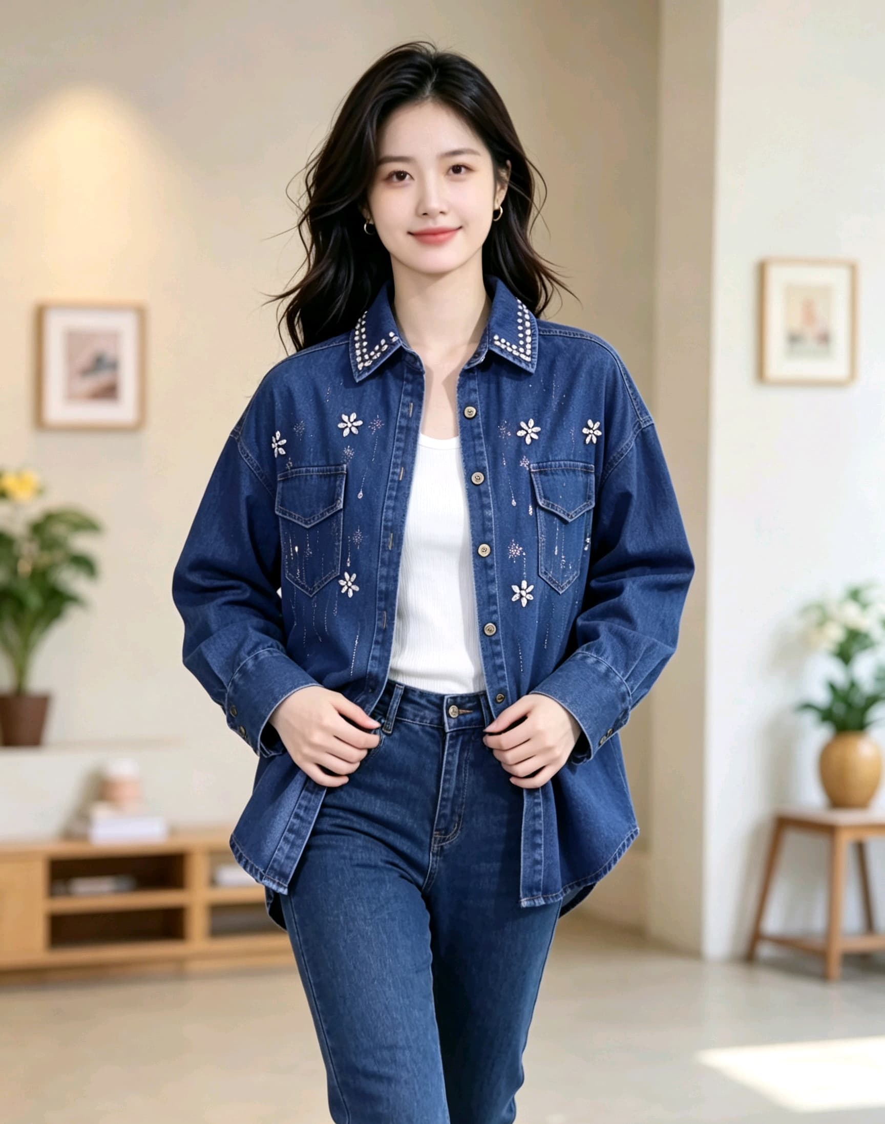 한국 동대문 무거운 작업 다이아몬드 세팅 레트로 데님 셔츠 재킷 부티크 대외 무역 상세 이미지 9