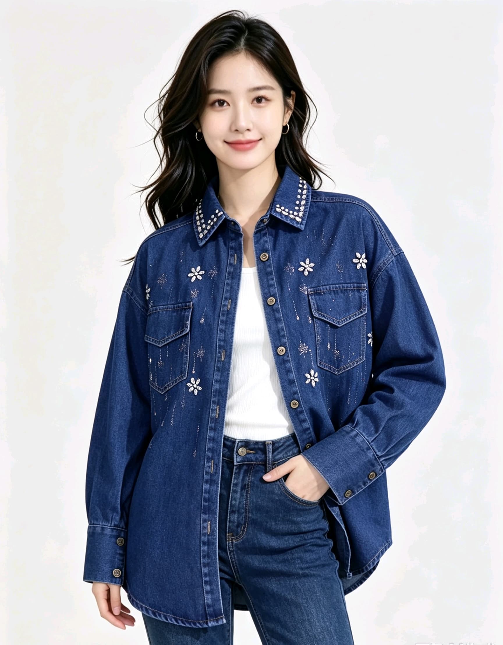 한국 동대문 무거운 작업 다이아몬드 세팅 레트로 데님 셔츠 재킷 부티크 대외 무역 상세 이미지 10