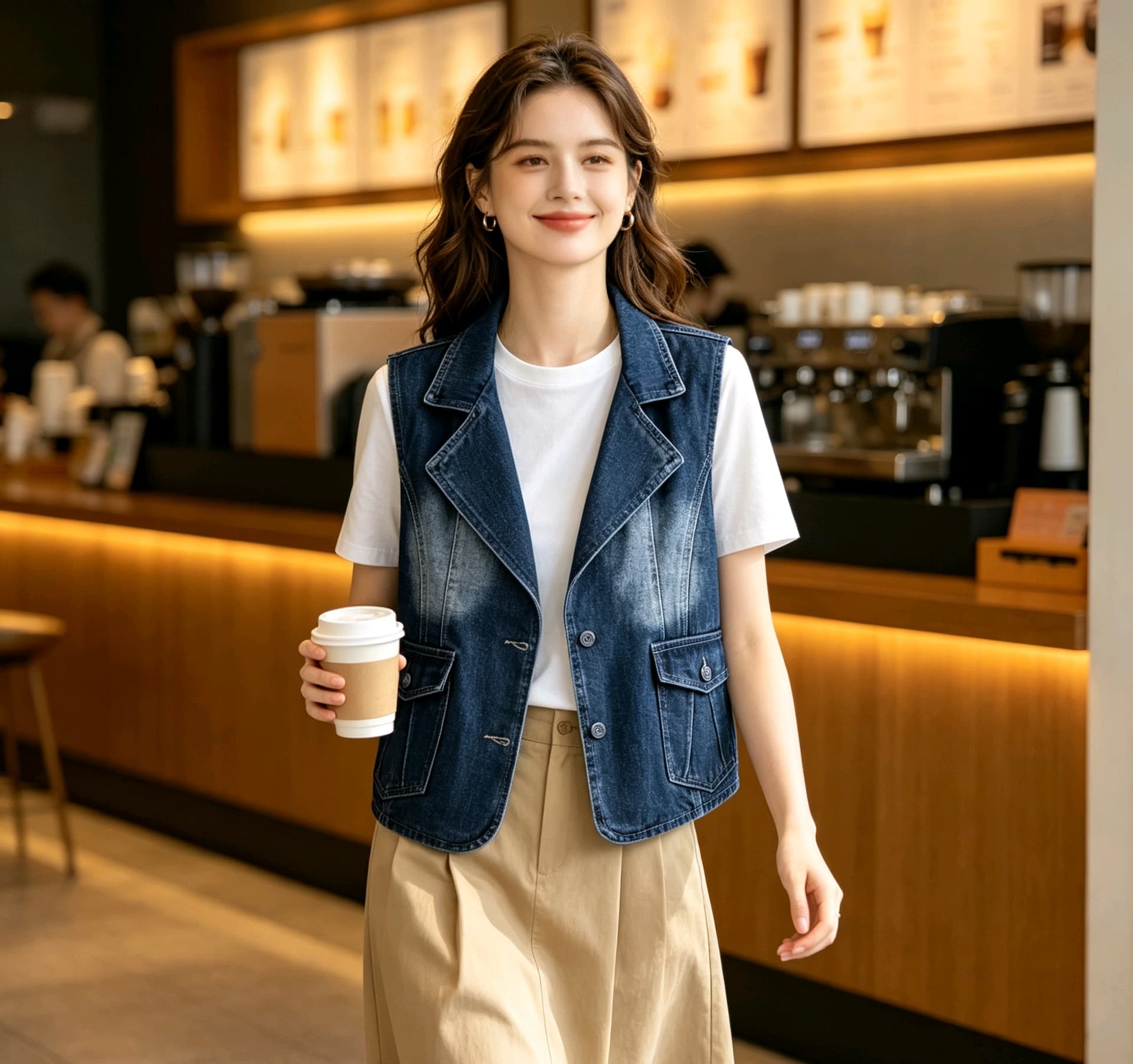 실사 한 부서 트렌디 바람 루즈핏 슬림해 보이는 부드럽다 프로 피부 스택 착용 외부 가져 가라. 데님 맨위 재킷 조끼 여자 이미지 3