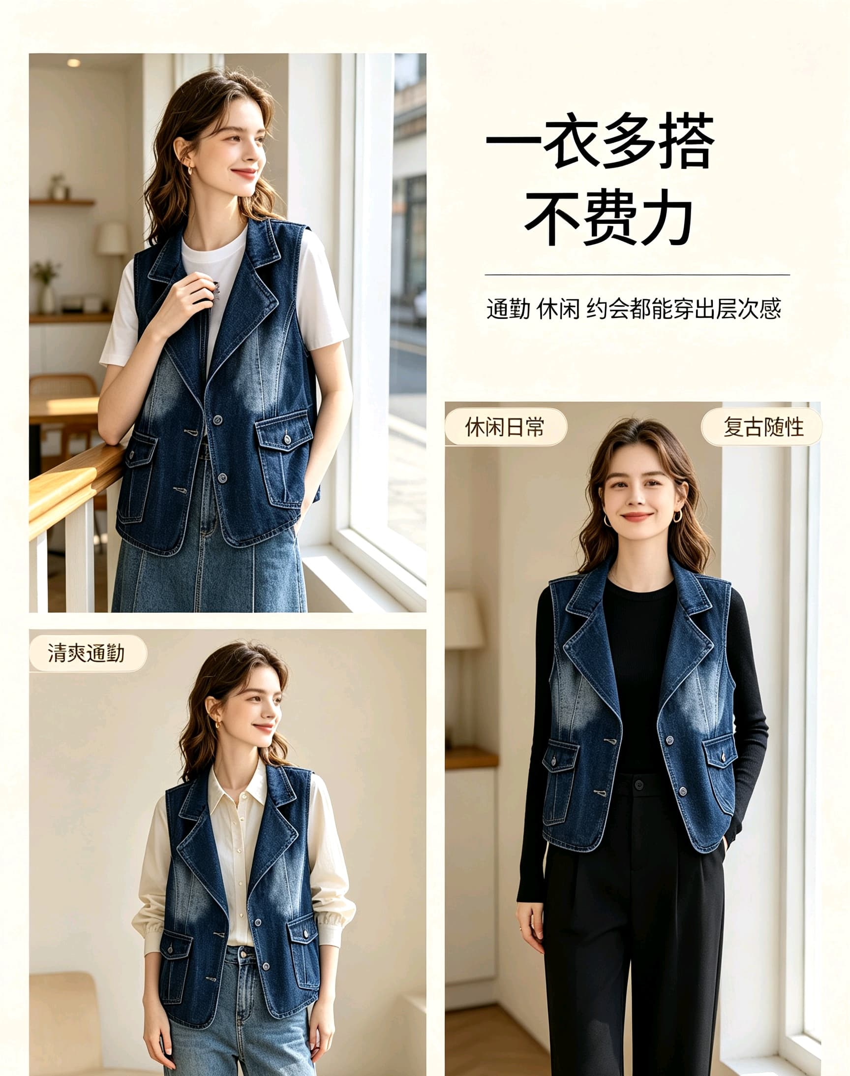 실사 한 부서 트렌디 바람 루즈핏 슬림해 보이는 부드럽다 프로 피부 스택 착용 외부 가져 가라. 데님 맨위 재킷 조끼 여자 상세 이미지 11