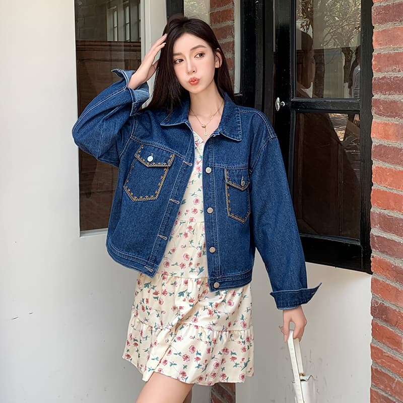 가을 겨울 새로운 한국 스타일 자수 디자인 센스 레트로 패션 다용도 루즈핏 데님 긴팔 여성 코트 얕은 깊이 둘 색상 이미지 2