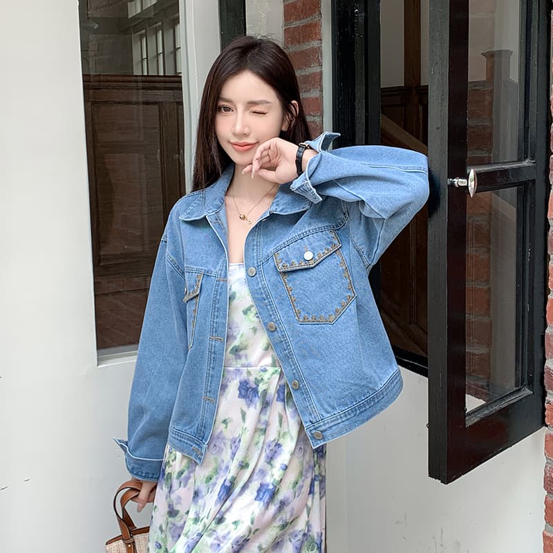 가을 겨울 새로운 한국 스타일 자수 디자인 센스 레트로 패션 다용도 루즈핏 데님 긴팔 여성 코트 얕은 깊이 둘 색상 이미지 5