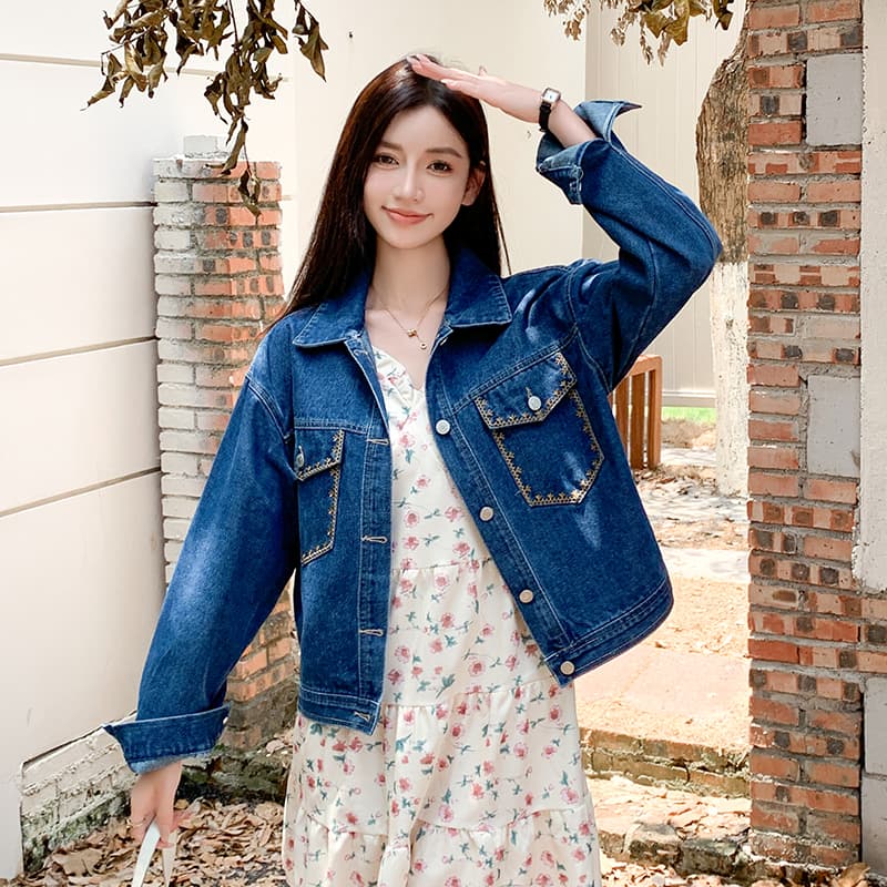 가을 겨울 새로운 한국 스타일 자수 디자인 센스 레트로 패션 다용도 루즈핏 데님 긴팔 여성 코트 얕은 깊이 둘 색상 이미지 6
