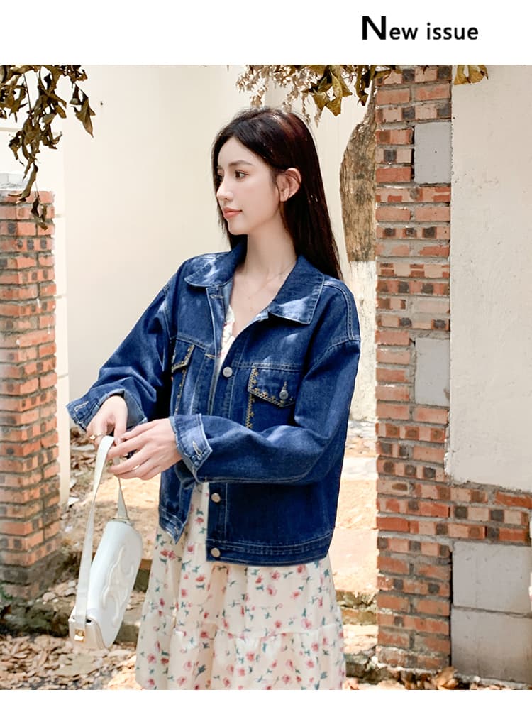 가을 겨울 새로운 한국 스타일 자수 디자인 센스 레트로 패션 다용도 루즈핏 데님 긴팔 여성 코트 얕은 깊이 둘 색상 상세 이미지 21