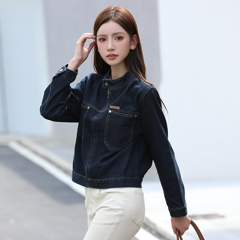 새로운 프랑스식 스탠드 칼라 지퍼 BF 바람 오토바이 홍콩 느낌 스택 착용 데님 재킷 이미지 2