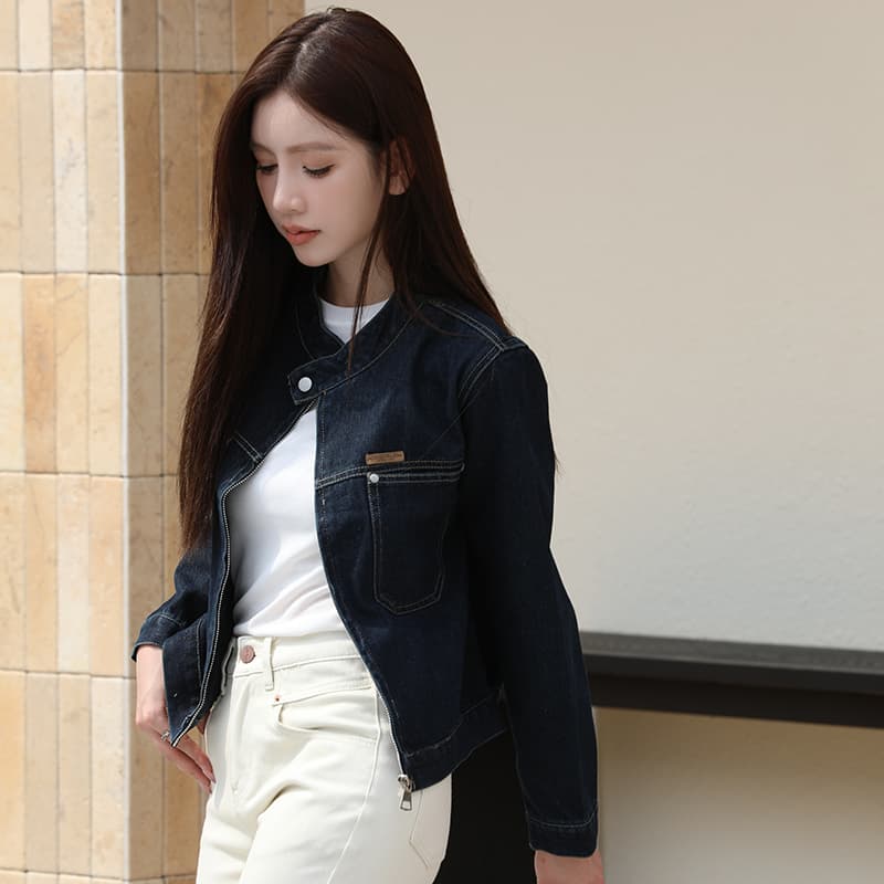 새로운 프랑스식 스탠드 칼라 지퍼 BF 바람 오토바이 홍콩 느낌 스택 착용 데님 재킷 이미지 4