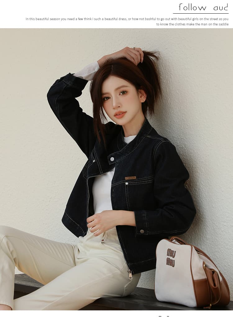 새로운 프랑스식 스탠드 칼라 지퍼 BF 바람 오토바이 홍콩 느낌 스택 착용 데님 재킷 상세 이미지 12