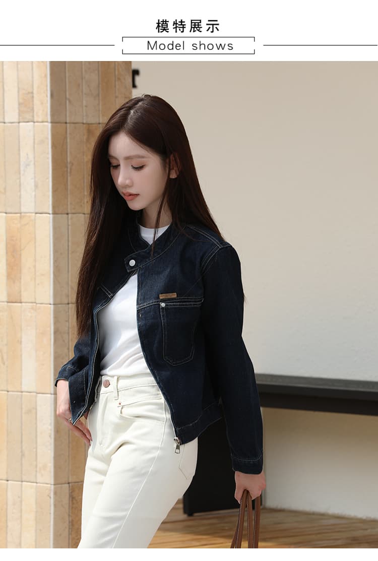 새로운 프랑스식 스탠드 칼라 지퍼 BF 바람 오토바이 홍콩 느낌 스택 착용 데님 재킷 상세 이미지 19