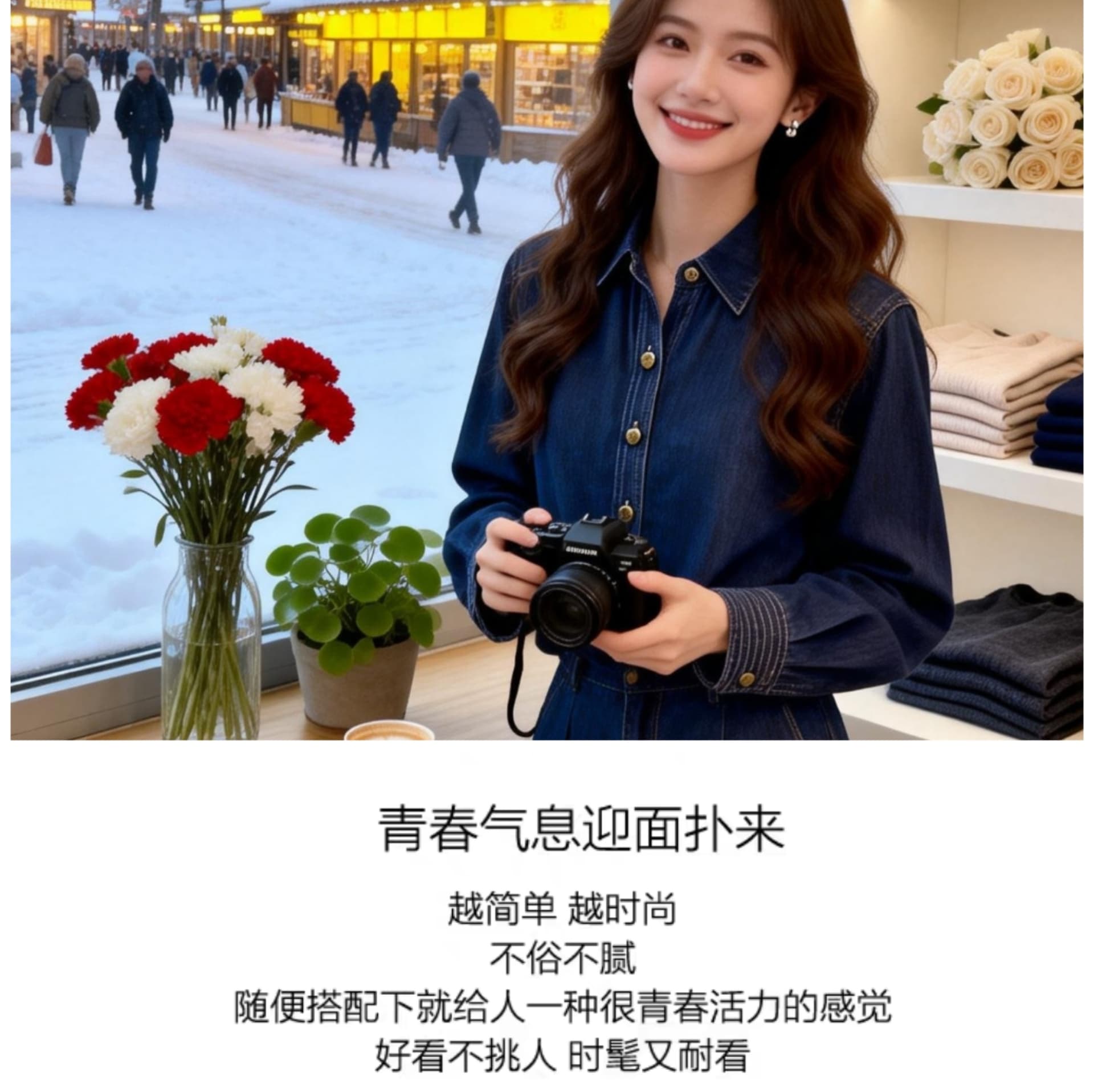 한국 스타일 와이드 커프스 기타 선 장식 스택 착용 디자인 센스 작은 대중 루즈핏 다용도 데님 긴팔 셔츠 여성 상세 이미지 6