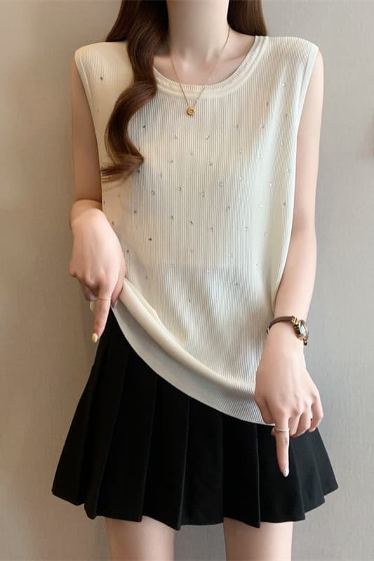지방 mm 26 봄 여름 새로운 Gypsophila 다이아몬드 세팅 민소매 조끼 빅 사이즈 여성 의류 루즈핏 슬림해 보이는 구덩이 기사 니트 맨위 이미지 7