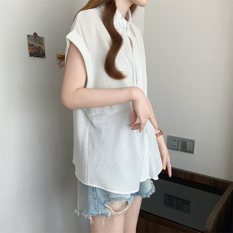 2026 여름 새로운 빅 사이즈 레이스 폴로 칼라 비틀림 허리 수축 셔츠 지방 mm 표지 고기 슬림해 보이는 루즈핏 쉬폰 톱 상세 이미지 21