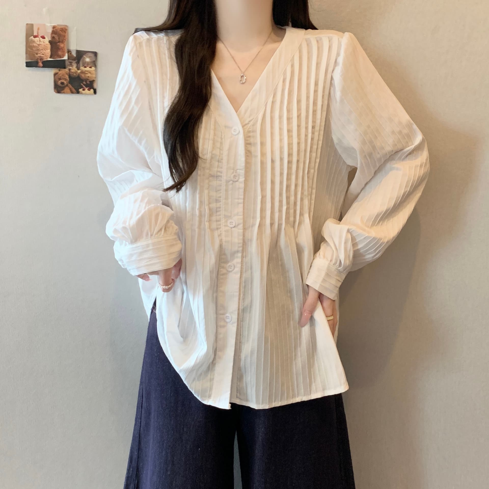 26 가을 새로운 빅 사이즈 여성 의류 한국 스타일 루즈핏 종류 주름 셔츠 지방 mm 표지 고기 슬림해 보이는 V넥 긴팔 맨위 상세 이미지 11