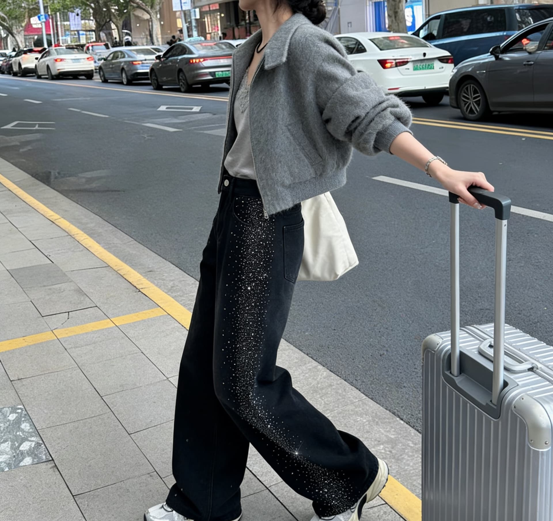 실사 리 부드럽게 6 월 한 부서 ing 바람 무거운 작업 티타늄 합금 핫픽스 슈퍼 플래시 데님 여성 하이웨이스트 스트레이트 루즈핏 슬림해 보이는 상세 이미지 5