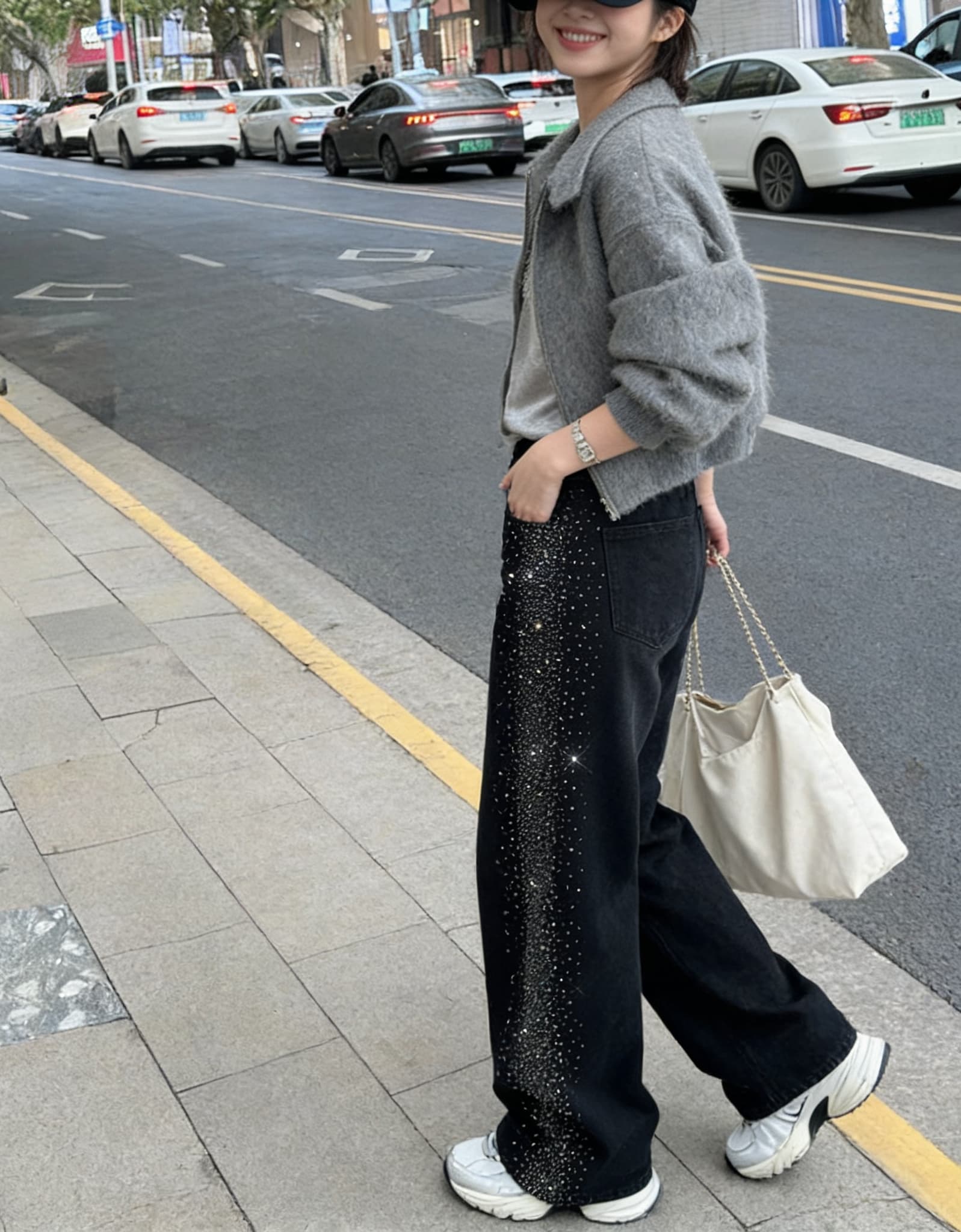 실사 리 부드럽게 6 월 한 부서 ing 바람 무거운 작업 티타늄 합금 핫픽스 슈퍼 플래시 데님 여성 하이웨이스트 스트레이트 루즈핏 슬림해 보이는 상세 이미지 13