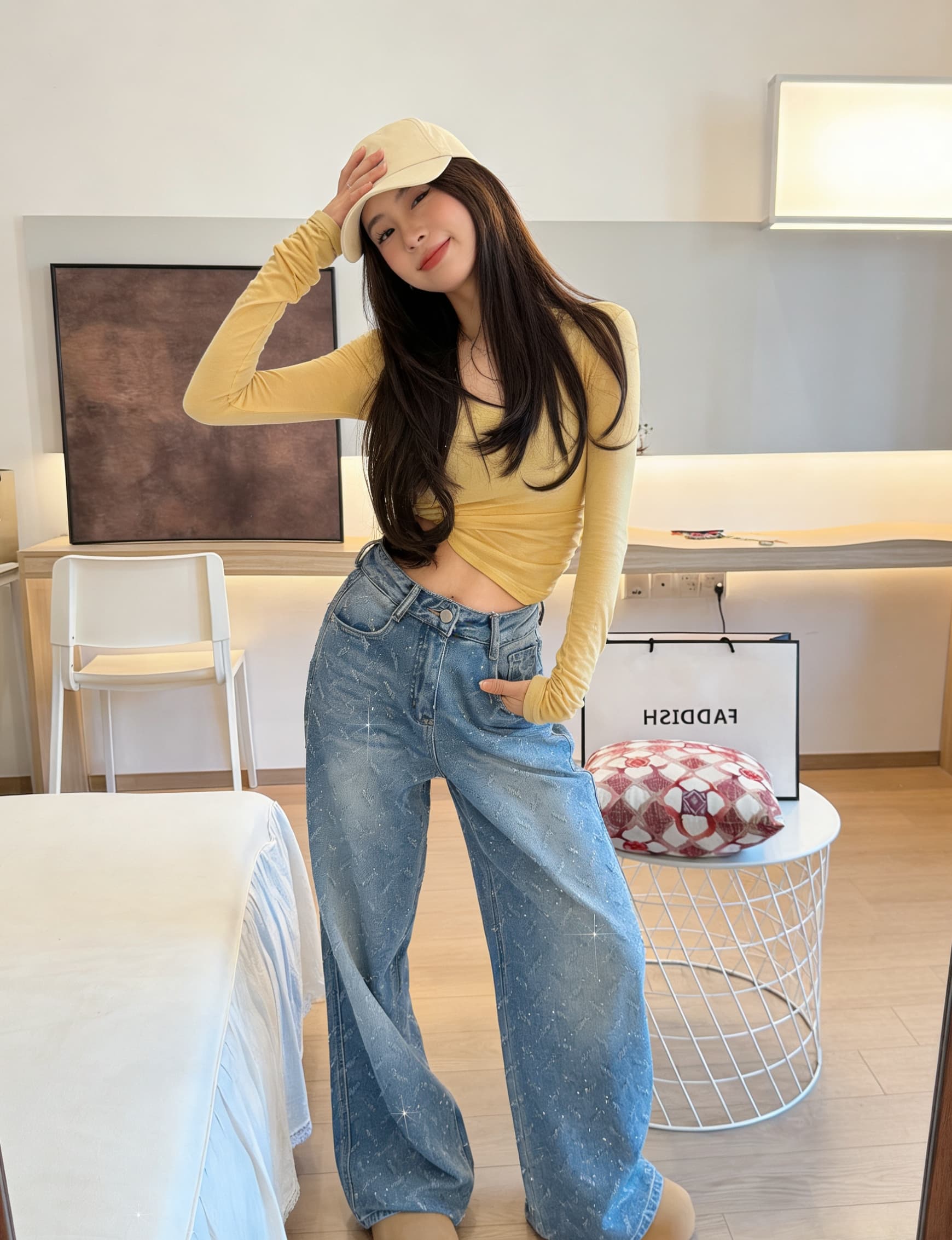 실사 이른 봄 뜨거운 좋은 플래시 훈련 깃털 자카드 청바지 여성 하이웨이스트 스트레이트 디자인 센스 루즈핏 슬림해 보이는 와이드 레그 팬츠 이미지 2