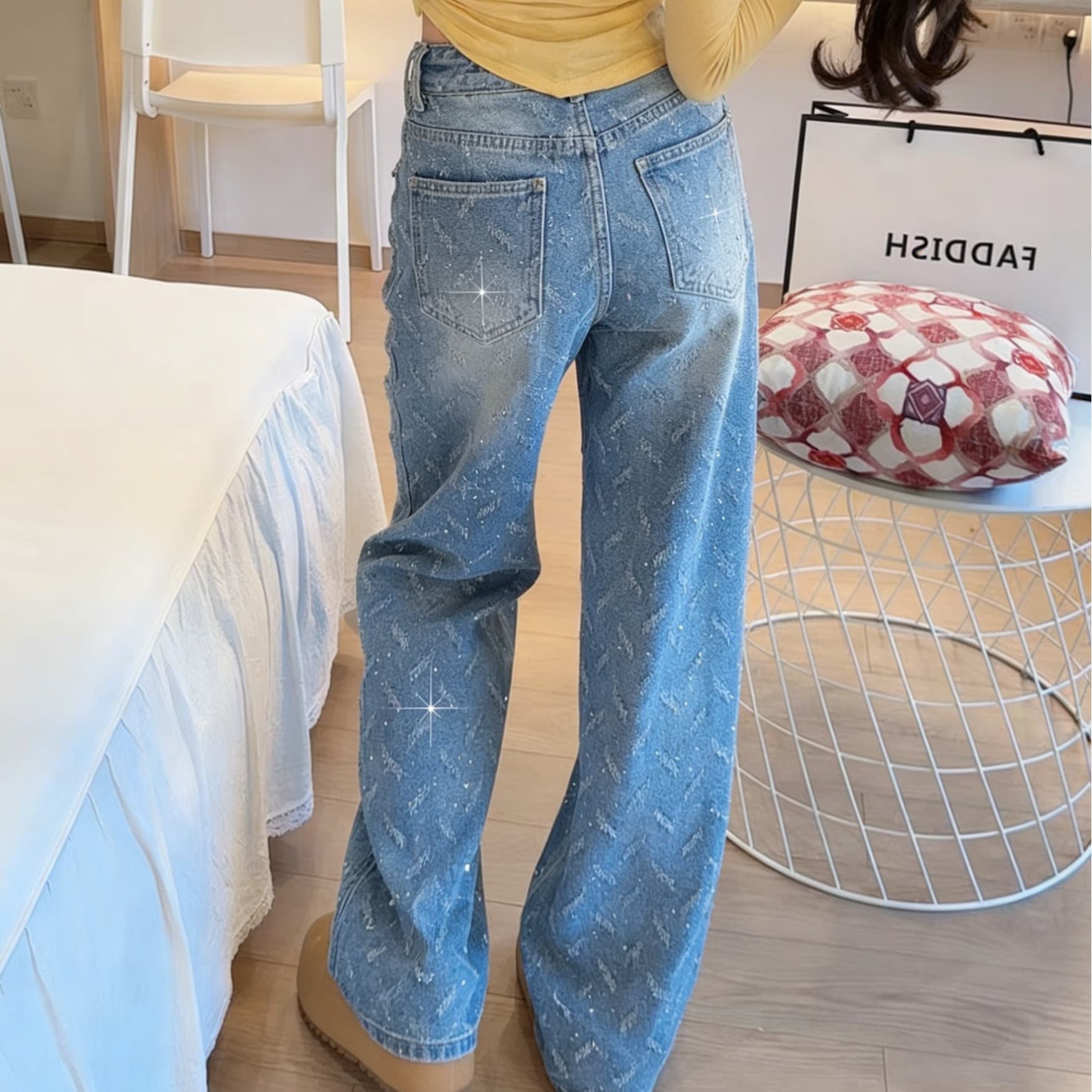 실사 이른 봄 뜨거운 좋은 플래시 훈련 깃털 자카드 청바지 여성 하이웨이스트 스트레이트 디자인 센스 루즈핏 슬림해 보이는 와이드 레그 팬츠 이미지 6
