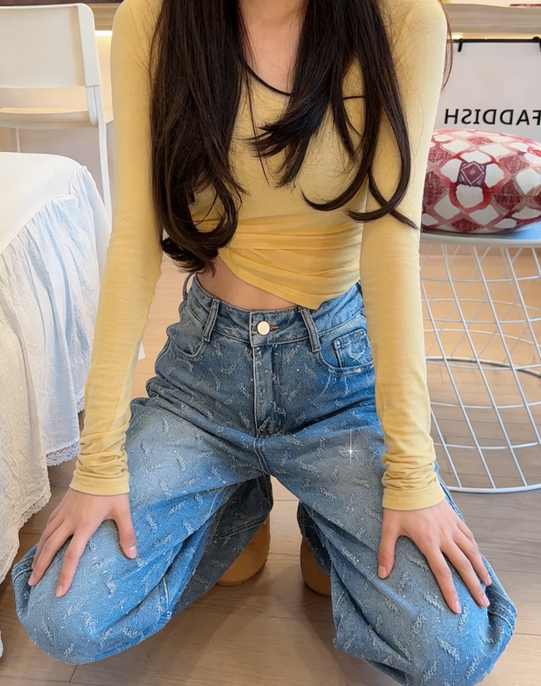 실사 이른 봄 뜨거운 좋은 플래시 훈련 깃털 자카드 청바지 여성 하이웨이스트 스트레이트 디자인 센스 루즈핏 슬림해 보이는 와이드 레그 팬츠 상세 이미지 12