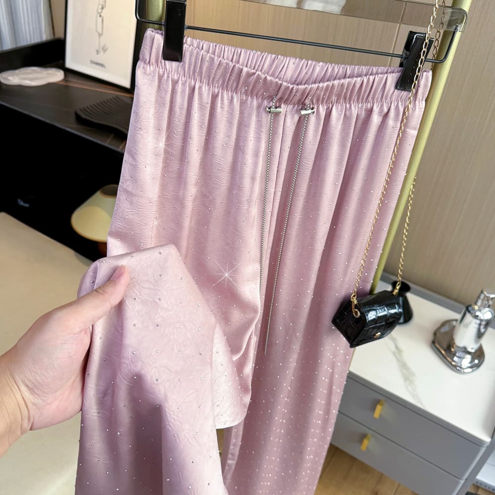 실사 한국 스타일 아세트산 원단 뜨거운 좋은 플래시 훈련 캐주얼 바지 여성 여름 펌프 로프 체인 밴딩 하이웨이스트 스트레이트 와이드 레그 팬츠 이미지 6