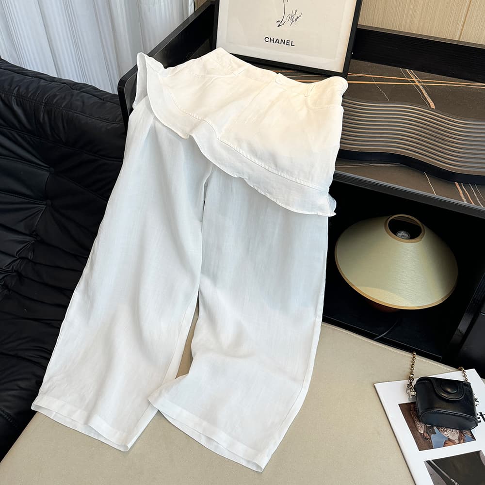 실사 한 부서 프릴 방귀 커튼 페이크 레이어드 아마 캐주얼 바지 여성 여름 밴딩 루즈핏 슬림해 보이는 9 포인트 와이드 레그 팬츠 상세 이미지 6
